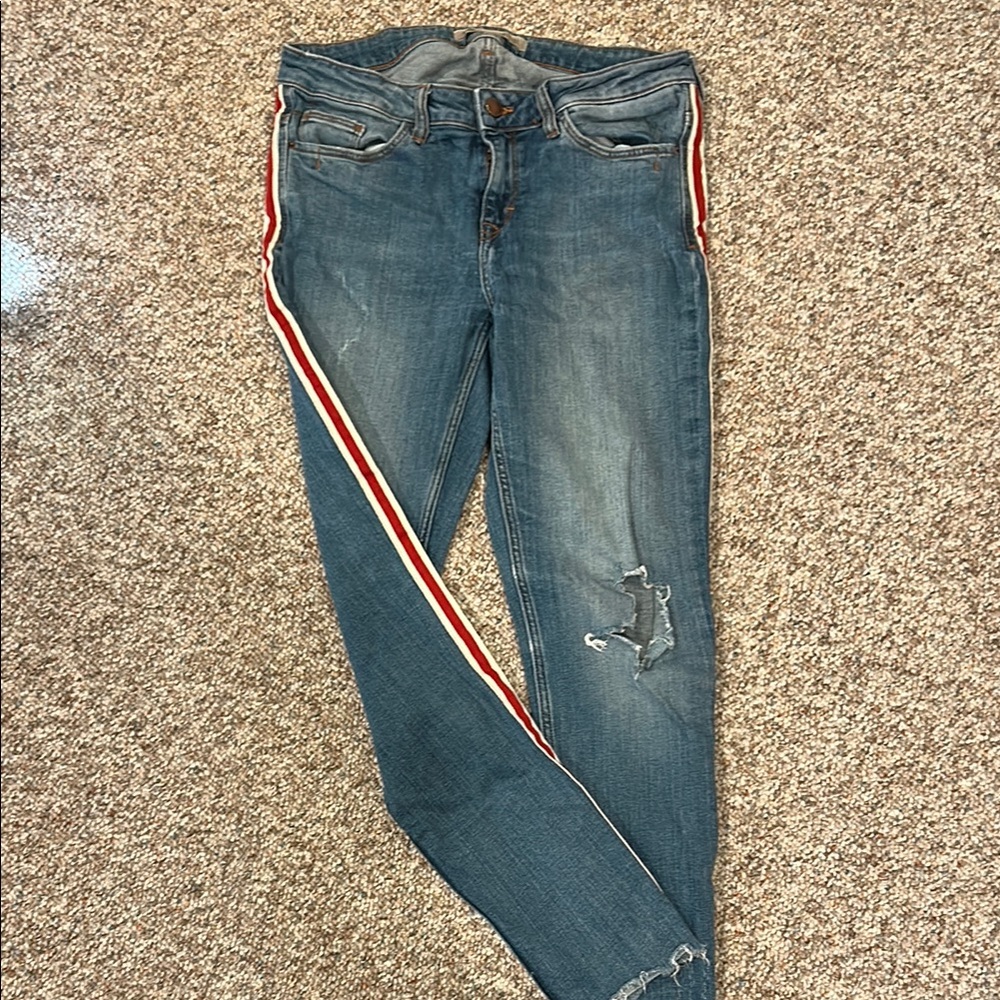 Zara Denim Skinny Jeans with Red Accent